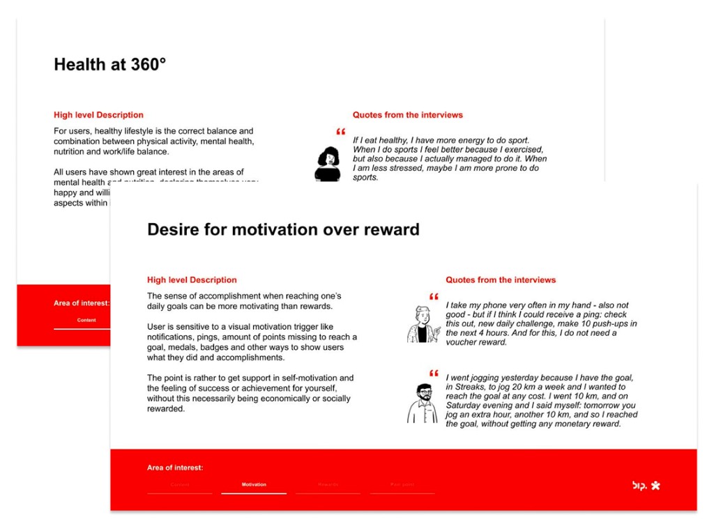 Generali Vitality research slides; health at 360° and motivation over reward, with user quotes