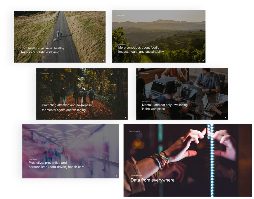 Future research; six driver cards on wellbeing, food, mental health, workplace, predictive care, and data