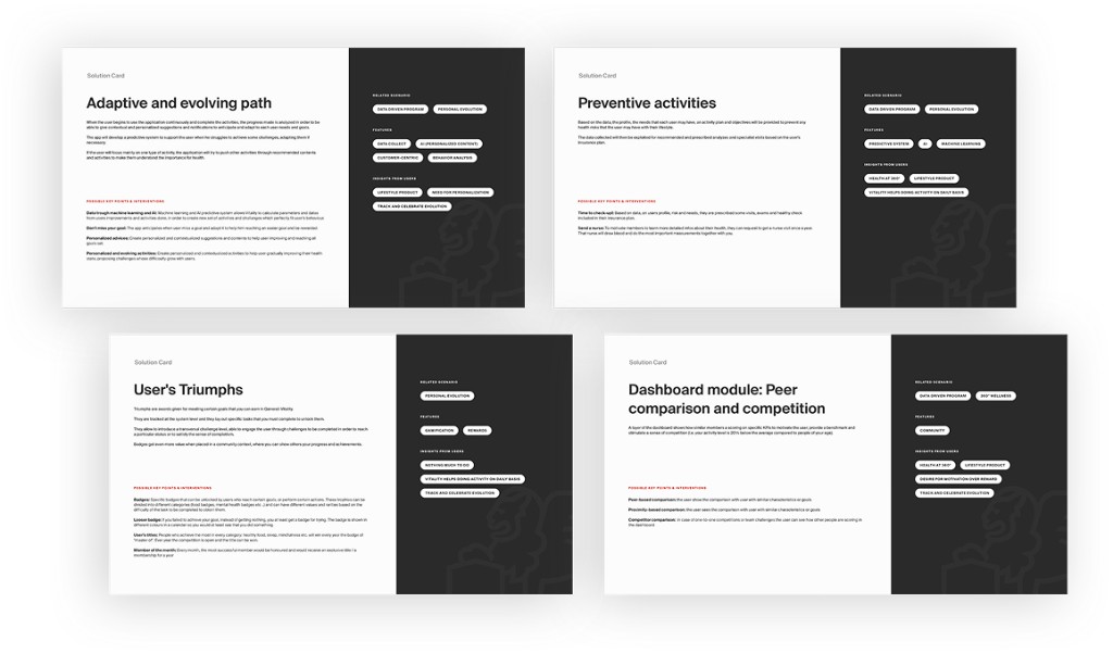 Generali Vitality solution cards; adaptive path, preventive activities, user triumphs, peer comparison dashboard
