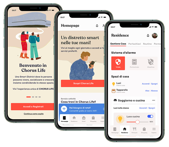 Chorus Life app UI; onboarding welcome, homepage smart district, and Residence smart home controls