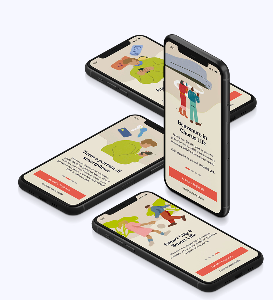Chorus Life app; onboarding screens on multiple devices