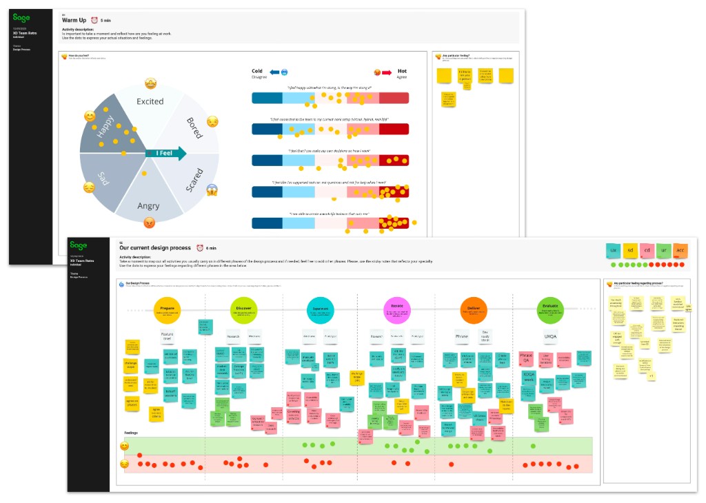 XD Team Retro; warm-up mood board and current design process map with sticky notes