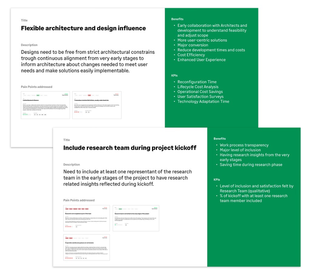 Process improvement slides; flexible architecture and design influence; research at project kickoff, with benefits and KPIs