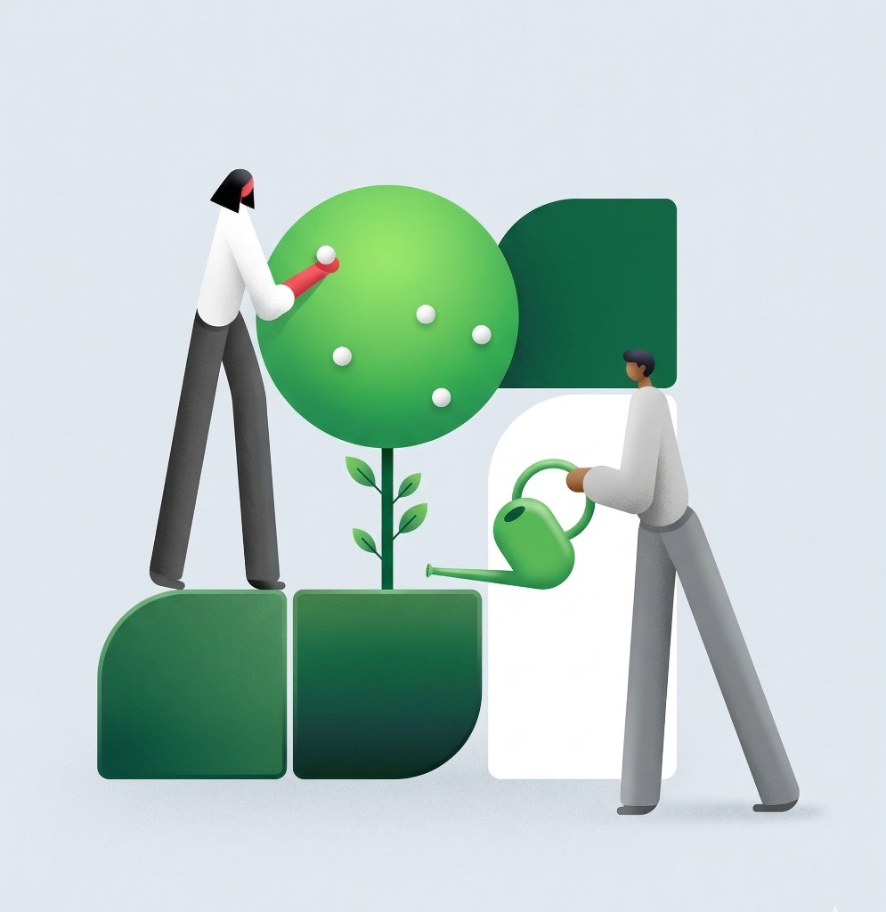 Illustration; two people nurturing a growing tree together