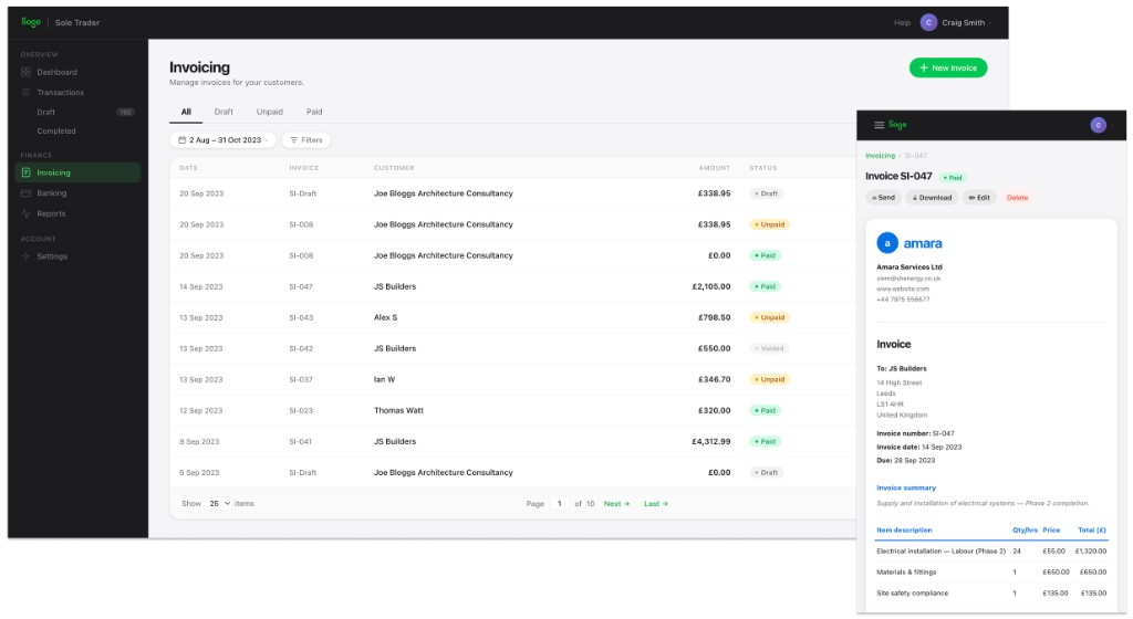 Sage invoicing; desktop dashboard and mobile invoice detail (SI-047)
