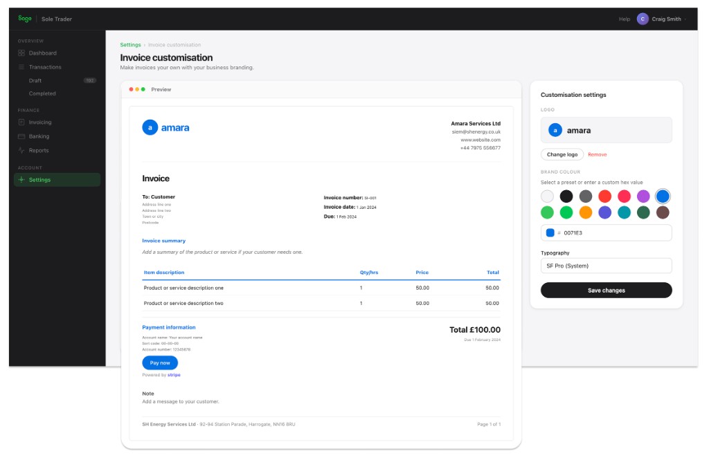 Sage Sole Trader; Settings, invoice customisation with live preview, logo, brand colour, and typography
